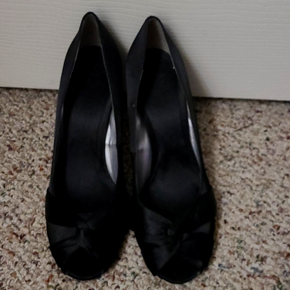 Black satin peep toe heels
